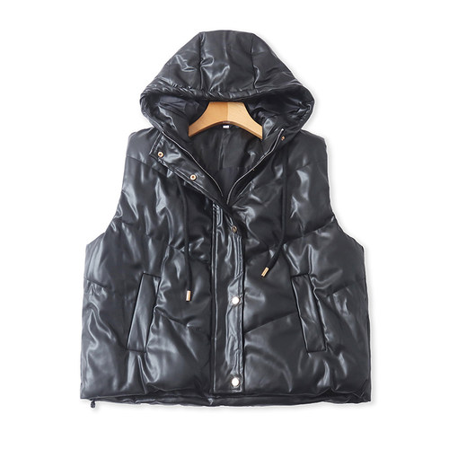 外贸连帽PU皮马甲无袖保暖背心
