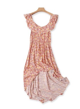 碎花吊带连衣裙夏季新款露肩燕尾长款外单女套头外贸A字裙子23294