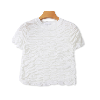 外贸圆领褶皱短袖T恤衫短款时尚