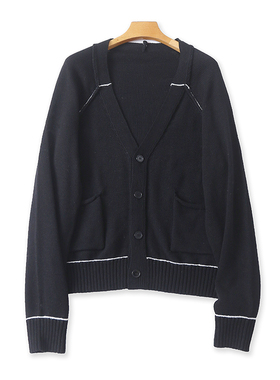 V领拼色针织外套春秋新款长袖纽扣开衫宽松休闲男女上衣毛衣17344