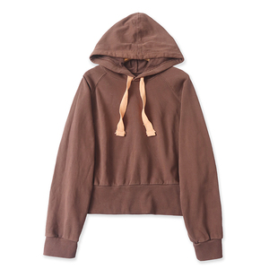 外贸棉质连帽毛圈卫衣 春秋新款宽松纯色毛衫女短款外套上衣06034