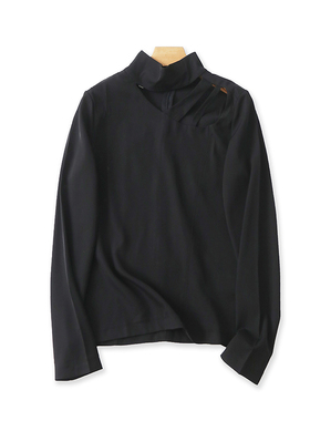 立领露肩衬衫 春秋新款长袖百搭时尚衬衣 女黑色T恤外单上衣05084