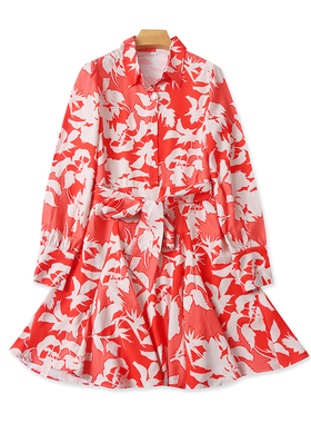 外贸翻领碎花长袖连衣裙夏季新款半开衫女A字裙显瘦衬衫裙子12263