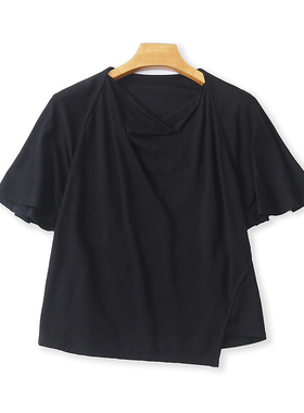 外贸圆领短袖T恤衫不规则短款上衣女休闲褶皱显瘦套头打底衫16472