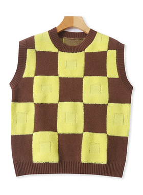 圆领格子针织背心 春秋新款女显瘦套头宽无袖松毛衣马甲上衣02211