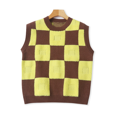 圆领格子针织背心宽松无袖时尚