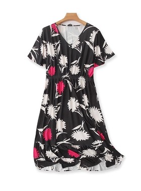 外贸V领碎花短袖连衣裙 夏季新款宽松女收腰A字时尚长款裙子04123