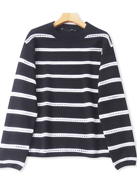 外贸圆领条纹镂空针织衫 春秋新款宽松长袖毛衣女士套头上衣19062