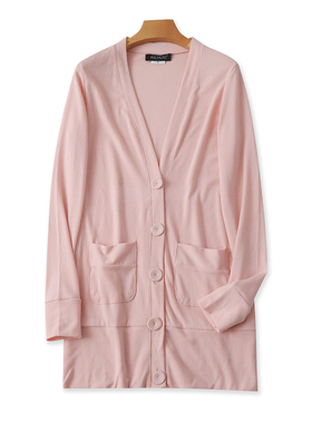 V领长袖针织衫 春秋新款纽扣开衫 宽松休闲中长女士外套上衣17033