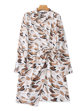 外贸翻领中长款连衣裙 春秋新款系带显瘦披肩女时尚外套上衣09403