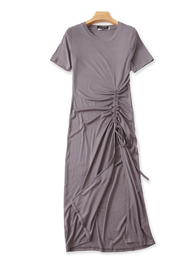 圆领抽绳连衣裙 夏季弹力短袖开叉裙显瘦时尚气质外单裙子女08092