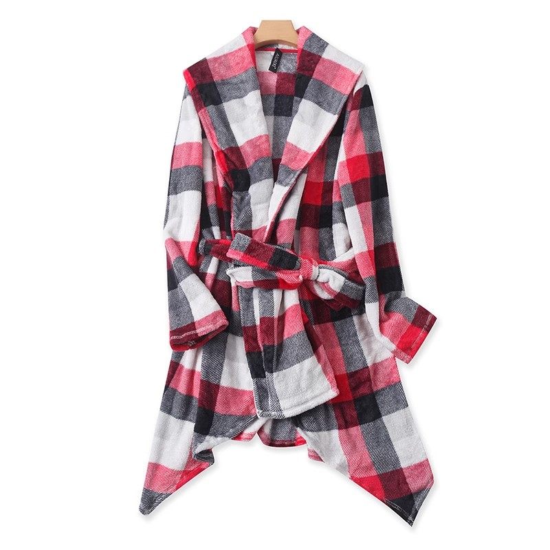 翻领格子系带中长款睡袍 秋冬新款珊瑚绒宽松睡衣 女士浴袍P/15边,女士内衣/男士内衣/家居服,睡袍/浴袍,淘宝优惠券,粉丝福利购,淘宝优惠卷