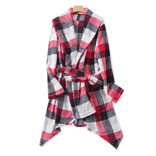 女士浴袍P 翻领格子系带中长款 珊瑚绒宽松睡衣 秋冬新款 15边 睡袍