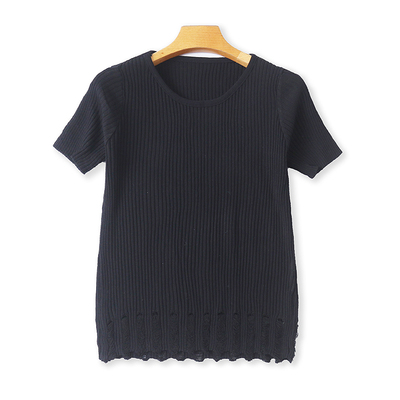 冰丝圆领破洞针织T恤衫短袖毛衣