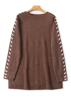 外贸圆领针织衫长袖毛衣 秋冬新款宽松慵懒拼色时尚女装上衣02154