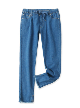 松紧腰牛仔裤 春秋新款直筒小脚裤毛边裤开叉修身女九分裤子22094