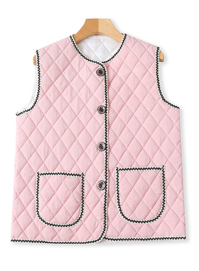 小香风绗线马甲 秋冬款保暖无袖夹棉背心宽松女纽扣开衫上衣14374