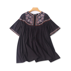 民族风圆领刺绣连衣裙夏季新款中长款喇叭袖上衣女A字版裙子10022