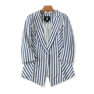 纽扣开衫 翻领棉竖条纹小西装 西服 7分袖 女休闲外套09484 春秋新款