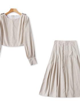 两件套圆领长袖衬衫+百褶半身裙春秋新款时尚气质女套装上衣12462