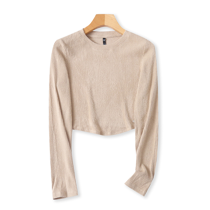 外贸圆领长袖针织T恤衫时尚短款