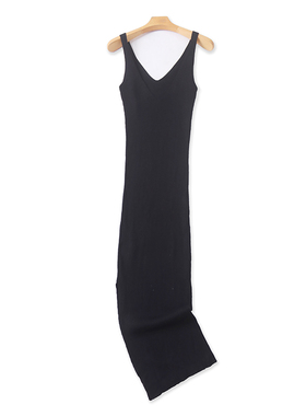 长款针织连衣裙 春秋新款弹力开叉修身包臀裙女外贸背心裙子12414