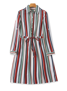 日单竖条纹长袖连衣裙 春秋季新款时尚半开衫女中长衬衫裙子13434