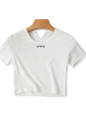 短袖圆领印花T恤衫 夏季新款短款弹力打底衫 女外贸纯色上衣18123