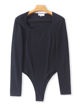 外贸方领长袖连体T恤衫春秋新款纯色修身女显瘦时尚打底上衣04153