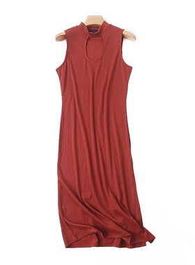 外贸立领无袖露空连衣裙 夏季新款中长款弹力女修身纯色裙子18084