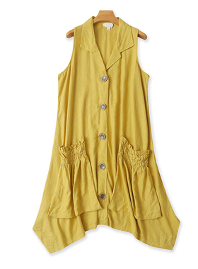 翻领棉麻无袖连衣裙夏季新款纽扣开衫长款显瘦宽松马甲裙08194