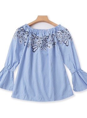 一字领刺绣衬衣 露肩喇叭袖衬衫女秋季新款韩版绣花打底上衣11383