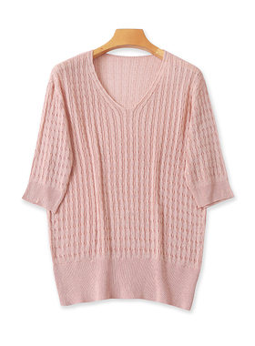 V领冰丝中袖针织T恤衫夏季新款百搭时尚弹力打底衫宽松上衣120101