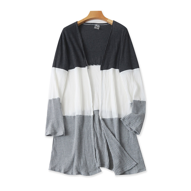 中长款拼色针织披肩 春秋新款宽松休闲长袖开衫女装弹力外套09251