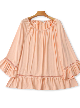 一字肩镂空荷叶边长袖T恤衫 夏季新款宽松弹力喇叭袖女上衣 15503