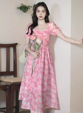 雪纺方领钉珠短袖连衣裙夏季新款收腰A字显瘦甜美中长款裙子20241