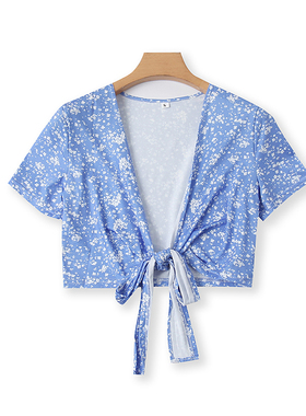 碎花系带短款披肩 夏季新款短袖坎肩 百搭显瘦外搭罩衫上衣 17443