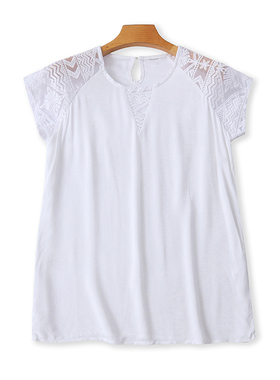 外贸圆领刺绣钩花T恤衫 夏季新款拼接时尚女打底衫短袖上衣 17271