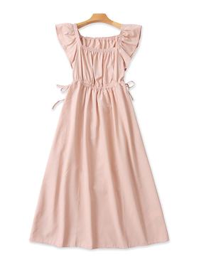 外贸方领露背连衣裙夏季新款松紧腰时尚中长款收腰女A字裙子07104