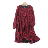 夏季 大版 长袖 裙子 碎花连衣裙 显瘦女A字外贸圆领中长款 新款