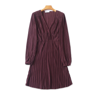 新款 夏季 时尚 套头宽松女中长款 13184 外贸V领百褶长袖 裙子 连衣裙