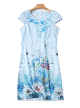 刺绣圆领新中式旗袍 夏季新款印花修身短款优雅时尚女连衣裙05412