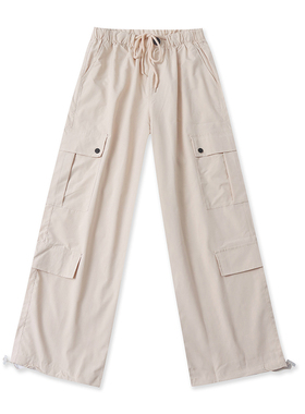 外贸松紧腰工装多袋裤 春秋新款时尚女宽松休闲阔腿直筒裤子14043