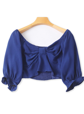 一字肩长袖短款小衫 夏季新款显瘦打底T恤衫 女百搭时尚上衣22152