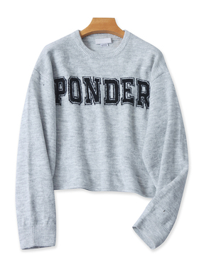 长袖字母短款毛衣 春秋新款宽松休闲针织衫保暖弹力打底上衣09363