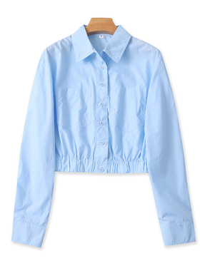 外贸翻领短款长袖衬衫 春秋新款纽扣松紧腰开衫休闲女装上衣08374