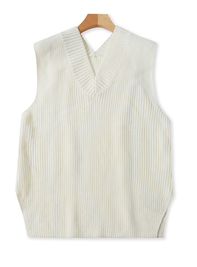 V领露背针织衫背心春秋新款复古无袖毛衣马甲女套头宽松坎肩19141