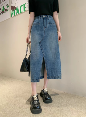 复古水洗牛仔半身裙 夏季新款高腰时尚做旧显瘦中长款开叉裙21354