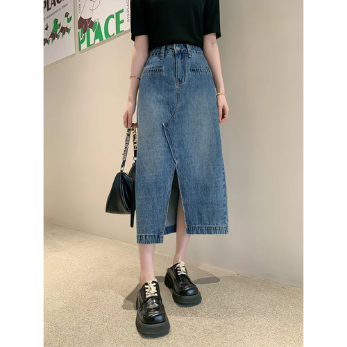 夏季高腰显瘦开叉牛仔半身裙