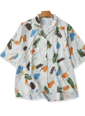 短袖翻领印花衬衫 夏季新款宽松错层百搭显瘦衬衣女外贸上衣21474